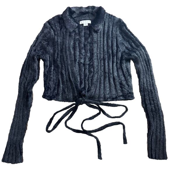 HYFVE Sweaters - Hyfve Fuzzy Cropped Cardigan Womens M Black Tie Front Soft Cozy Sweater